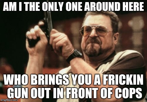 Am I The Only One Around Here | AM I THE ONLY ONE AROUND HERE; WHO BRINGS YOU A FRICKIN GUN OUT IN FRONT OF COPS | image tagged in memes,am i the only one around here | made w/ Imgflip meme maker