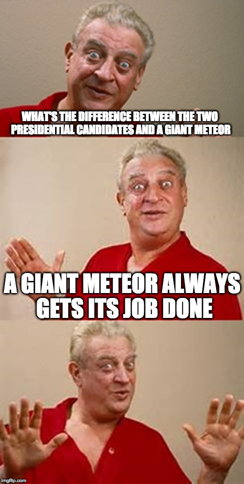 This year, vote for a real change maker! | WHAT'S THE DIFFERENCE BETWEEN THE TWO PRESIDENTIAL CANDIDATES AND A GIANT METEOR; A GIANT METEOR ALWAYS GETS ITS JOB DONE | image tagged in bad pun dangerfield,election 2016 | made w/ Imgflip meme maker