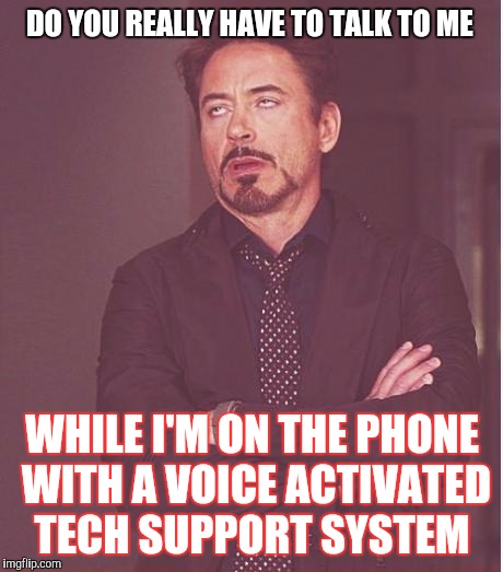 Every time...  | DO YOU REALLY HAVE TO TALK TO ME; WHILE I'M ON THE PHONE WITH A VOICE ACTIVATED TECH SUPPORT SYSTEM | image tagged in memes,face you make robert downey jr | made w/ Imgflip meme maker