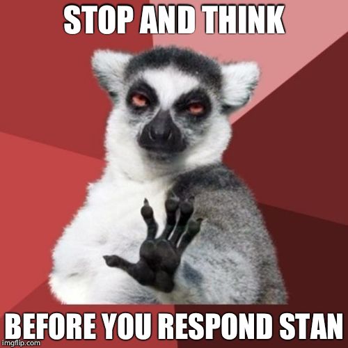 Chill Out Lemur Meme | STOP AND THINK; BEFORE YOU RESPOND STAN | image tagged in memes,chill out lemur | made w/ Imgflip meme maker