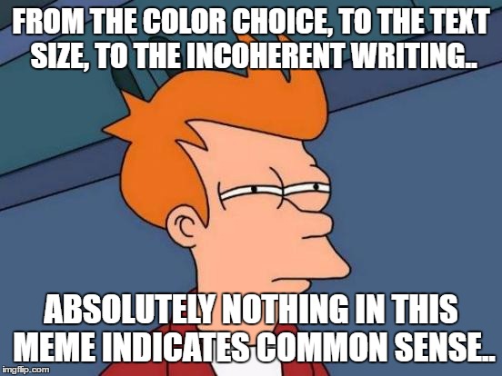 Futurama Fry Meme | FROM THE COLOR CHOICE, TO THE TEXT SIZE, TO THE INCOHERENT WRITING.. ABSOLUTELY NOTHING IN THIS MEME INDICATES COMMON SENSE.. | image tagged in memes,futurama fry | made w/ Imgflip meme maker