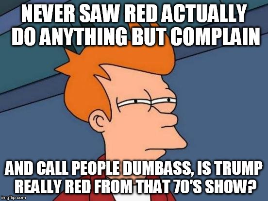 Futurama Fry Meme | NEVER SAW RED ACTUALLY DO ANYTHING BUT COMPLAIN AND CALL PEOPLE DUMBASS, IS TRUMP REALLY RED FROM THAT 70'S SHOW? | image tagged in memes,futurama fry | made w/ Imgflip meme maker