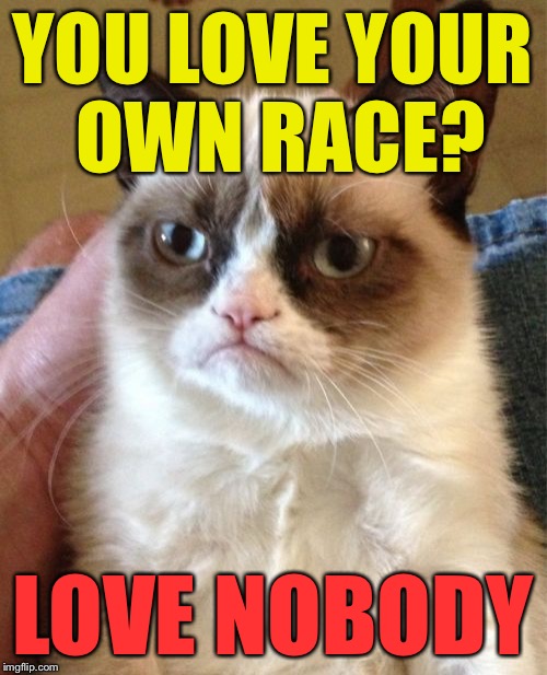 Grumpy Cat Meme | YOU LOVE YOUR OWN RACE? LOVE NOBODY | image tagged in memes,grumpy cat | made w/ Imgflip meme maker