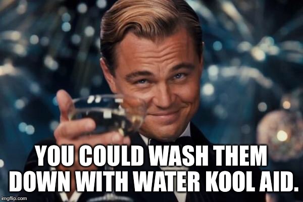 Leonardo Dicaprio Cheers Meme | YOU COULD WASH THEM DOWN WITH WATER KOOL AID. | image tagged in memes,leonardo dicaprio cheers | made w/ Imgflip meme maker