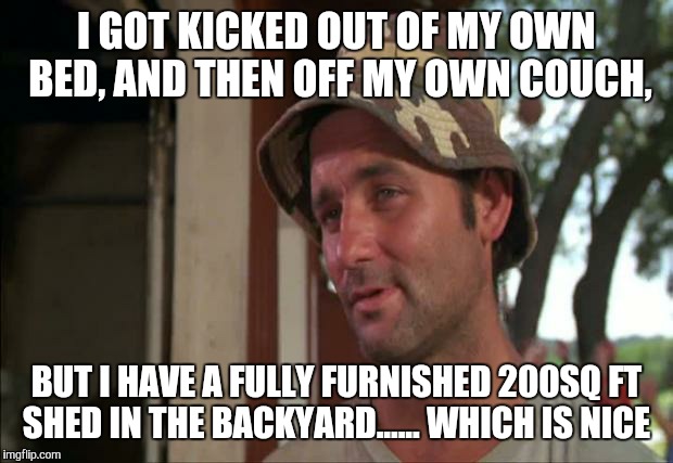 So I Got That Goin For Me Which Is Nice 2 | I GOT KICKED OUT OF MY OWN BED, AND THEN OFF MY OWN COUCH, BUT I HAVE A FULLY FURNISHED 200SQ FT SHED IN THE BACKYARD...... WHICH IS NICE | image tagged in memes,so i got that goin for me which is nice 2 | made w/ Imgflip meme maker
