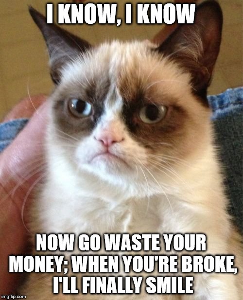 Grumpy Cat Meme | I KNOW, I KNOW NOW GO WASTE YOUR MONEY; WHEN YOU'RE BROKE, I'LL FINALLY SMILE | image tagged in memes,grumpy cat | made w/ Imgflip meme maker