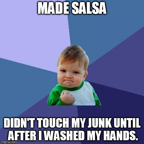 Success Kid | MADE SALSA; DIDN'T TOUCH MY JUNK UNTIL AFTER I WASHED MY HANDS. | image tagged in memes,success kid,AdviceAnimals | made w/ Imgflip meme maker