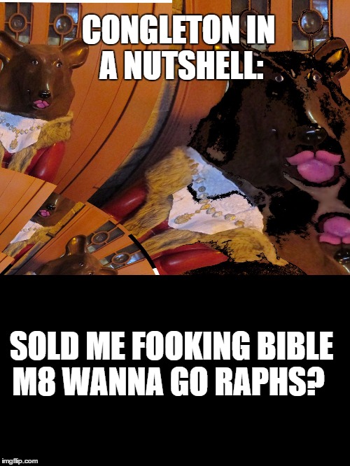 CONGLETON IN A NUTSHELL:; SOLD ME FOOKING BIBLE M8
WANNA GO RAPHS? | image tagged in the blasphemous bear | made w/ Imgflip meme maker