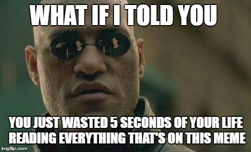Matrix Morpheus | WHAT IF I TOLD YOU; YOU JUST WASTED 5 SECONDS OF YOUR LIFE READING EVERYTHING THAT'S ON THIS MEME | image tagged in memes,matrix morpheus | made w/ Imgflip meme maker