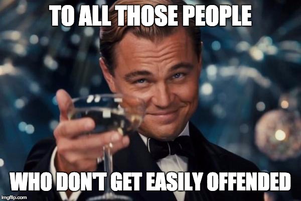 Leonardo Dicaprio Cheers Meme | TO ALL THOSE PEOPLE; WHO DON'T GET EASILY OFFENDED | image tagged in memes,leonardo dicaprio cheers | made w/ Imgflip meme maker