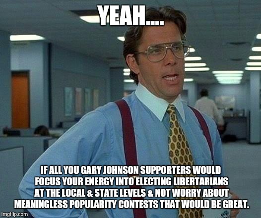 That Would Be Great | YEAH.... IF ALL YOU GARY JOHNSON SUPPORTERS WOULD FOCUS YOUR ENERGY INTO ELECTING LIBERTARIANS AT THE LOCAL & STATE LEVELS & NOT WORRY ABOUT MEANINGLESS POPULARITY CONTESTS THAT WOULD BE GREAT. | image tagged in memes,that would be great | made w/ Imgflip meme maker