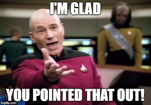 Picard Wtf Meme | I'M GLAD YOU POINTED THAT OUT! | image tagged in memes,picard wtf | made w/ Imgflip meme maker