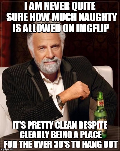 The Most Interesting Man In The World Meme | I AM NEVER QUITE  SURE HOW MUCH NAUGHTY IS ALLOWED ON IMGFLIP IT'S PRETTY CLEAN DESPITE CLEARLY BEING A PLACE FOR THE OVER 30'S TO HANG OUT | image tagged in memes,the most interesting man in the world | made w/ Imgflip meme maker