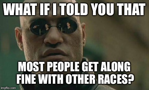 I work with two immigrants, and I get along with them better than I get along with my extended family.  | WHAT IF I TOLD YOU THAT; MOST PEOPLE GET ALONG FINE WITH OTHER RACES? | image tagged in memes,matrix morpheus,what if i told you | made w/ Imgflip meme maker