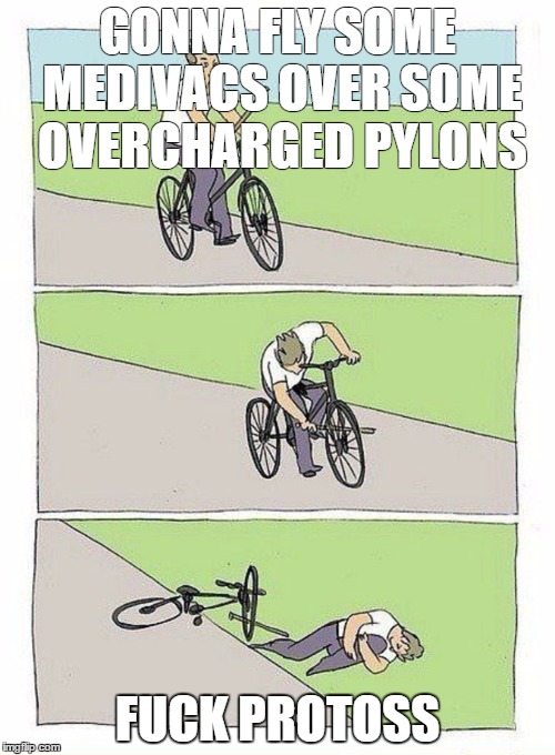 Bike Fall Meme | GONNA FLY SOME MEDIVACS OVER SOME OVERCHARGED PYLONS; FUCK PROTOSS | image tagged in bike fall,allthingsprotoss | made w/ Imgflip meme maker