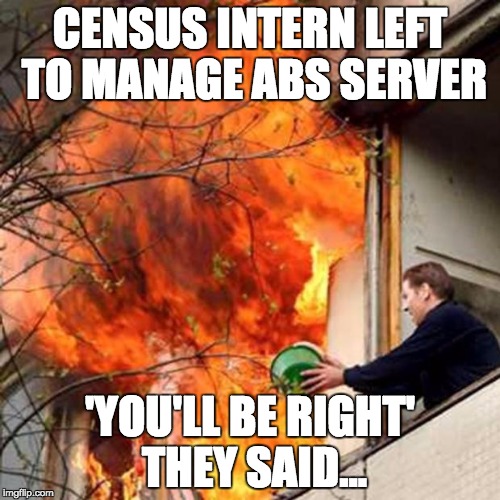 fire idiot bucket water | CENSUS INTERN LEFT TO MANAGE ABS SERVER; 'YOU'LL BE RIGHT' THEY SAID... | image tagged in fire idiot bucket water | made w/ Imgflip meme maker