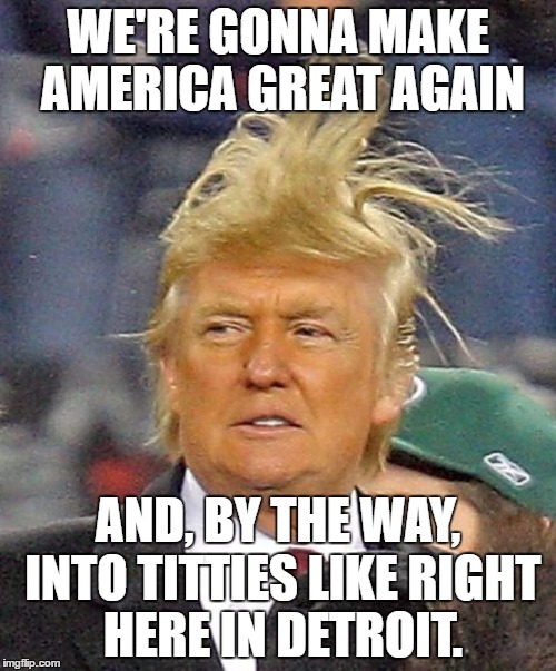 Donald Trumph hair | WE'RE GONNA MAKE AMERICA GREAT AGAIN; AND, BY THE WAY, INTO TITTIES LIKE RIGHT HERE IN DETROIT. | image tagged in donald trumph hair | made w/ Imgflip meme maker