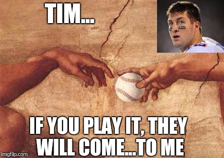 Timmy has a new mission | TIM... IF YOU PLAY IT, THEY WILL COME...TO ME | image tagged in baseball,god,tim tebow | made w/ Imgflip meme maker