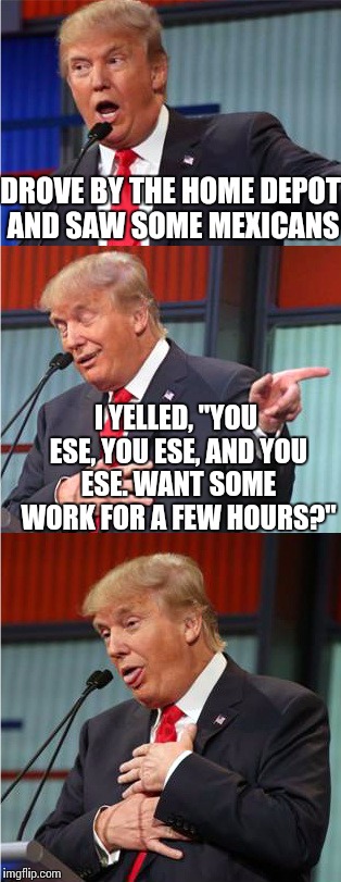 Bad Pun Trump | DROVE BY THE HOME DEPOT AND SAW SOME MEXICANS; I YELLED, "YOU ESE, YOU ESE, AND YOU ESE. WANT SOME WORK FOR A FEW HOURS?" | image tagged in bad pun trump | made w/ Imgflip meme maker