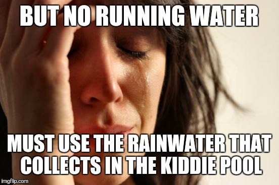First World Problems Meme | BUT NO RUNNING WATER MUST USE THE RAINWATER THAT COLLECTS IN THE KIDDIE POOL | image tagged in memes,first world problems | made w/ Imgflip meme maker