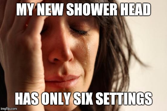 First World Problems Meme |  MY NEW SHOWER HEAD; HAS ONLY SIX SETTINGS | image tagged in memes,first world problems | made w/ Imgflip meme maker