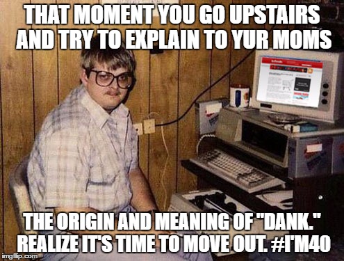 Internet Guide | THAT MOMENT YOU GO UPSTAIRS AND TRY TO EXPLAIN TO YUR MOMS; THE ORIGIN AND MEANING OF "DANK." REALIZE IT'S TIME TO MOVE OUT. #I'M40 | image tagged in memes,internet guide | made w/ Imgflip meme maker