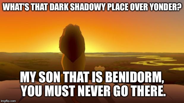 Lion King & son | WHAT'S THAT DARK SHADOWY PLACE OVER YONDER? MY SON THAT IS BENIDORM, YOU MUST NEVER GO THERE. | image tagged in lion king  son | made w/ Imgflip meme maker