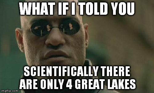 Strictly, scientifically Lake Michigan and Lake Huron are one body. | WHAT IF I TOLD YOU; SCIENTIFICALLY THERE ARE ONLY 4 GREAT LAKES | image tagged in memes,matrix morpheus | made w/ Imgflip meme maker
