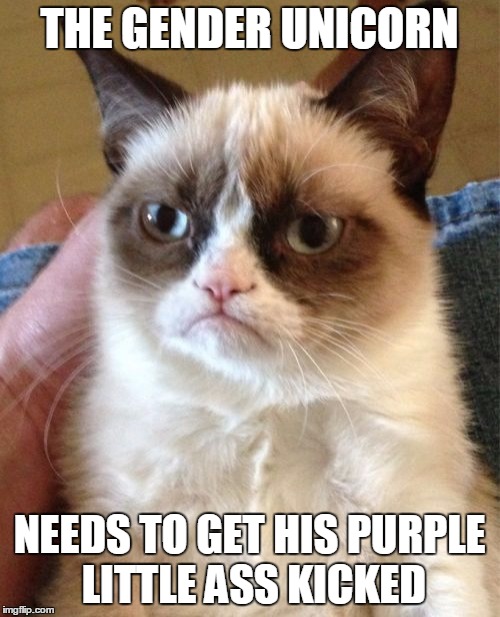 Grumpy Cat Meme | THE GENDER UNICORN NEEDS TO GET HIS PURPLE LITTLE ASS KICKED | image tagged in memes,grumpy cat | made w/ Imgflip meme maker