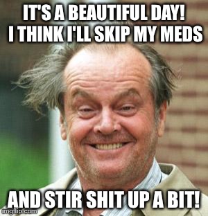 Jack Nicholson Crazy Hair | IT'S A BEAUTIFUL DAY! I THINK I'LL SKIP MY MEDS; AND STIR SHIT UP A BIT! | image tagged in jack nicholson crazy hair | made w/ Imgflip meme maker