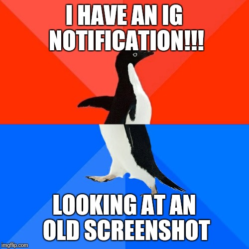 Scumbag gallery. | I HAVE AN IG NOTIFICATION!!! LOOKING AT AN OLD SCREENSHOT | image tagged in memes,socially awesome awkward penguin | made w/ Imgflip meme maker