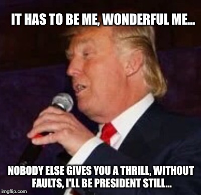 Trump's Tribute to Himself, Sung to the Tune of "It Had To Be You" | IT HAS TO BE ME, WONDERFUL ME... NOBODY ELSE GIVES YOU A THRILL, WITHOUT FAULTS, I'LL BE PRESIDENT STILL... | image tagged in donald trump,song lyrics | made w/ Imgflip meme maker