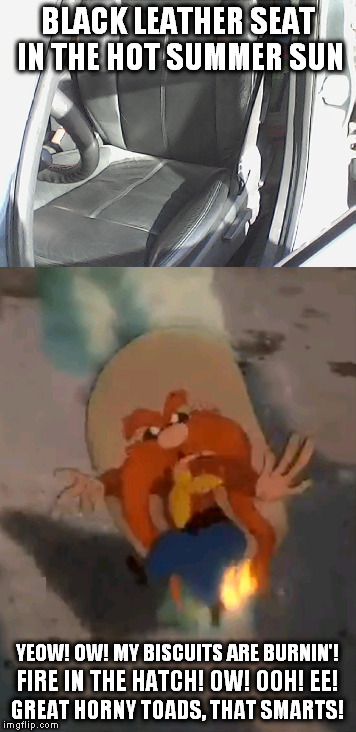 I was just doing my laundry at the laundromat... It wasn't THAT long... | BLACK LEATHER SEAT IN THE HOT SUMMER SUN; YEOW! OW! MY BISCUITS ARE BURNIN'! GREAT HORNY TOADS, THAT SMARTS! FIRE IN THE HATCH! OW! OOH! EE! | image tagged in meme,yosemite sam,biscuits,burning,black,leather | made w/ Imgflip meme maker