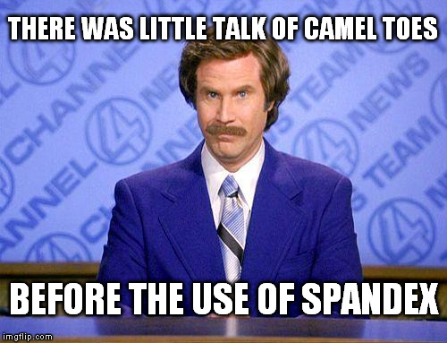 Little known made up facts. | THERE WAS LITTLE TALK OF CAMEL TOES; BEFORE THE USE OF SPANDEX | image tagged in anchorman news update | made w/ Imgflip meme maker