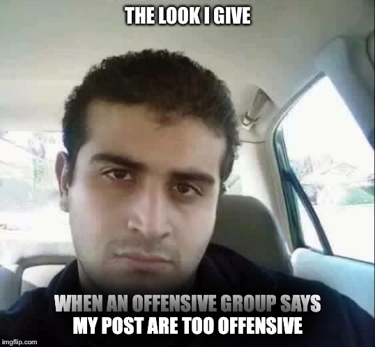 The look | THE LOOK I GIVE; WHEN AN OFFENSIVE GROUP SAYS MY POST ARE TOO OFFENSIVE | image tagged in the look,offended,offensive,orlando shooting,omar mateen | made w/ Imgflip meme maker