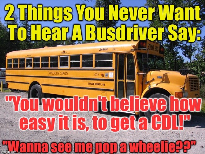 school bus | 2 Things You Never Want To Hear A Busdriver Say:; "You wouldn't believe how easy it is, to get a CDL!"; "Wanna see me pop a wheelie??" | image tagged in school bus,memes,wtf | made w/ Imgflip meme maker