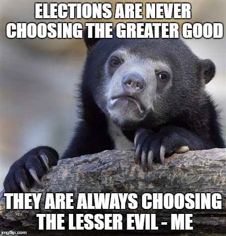 Just came up with that. Hope it isn't a repost. | ELECTIONS ARE NEVER CHOOSING THE GREATER GOOD; THEY ARE ALWAYS CHOOSING THE LESSER EVIL - ME | image tagged in memes,confession bear,election,quotes | made w/ Imgflip meme maker