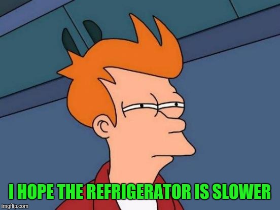Futurama Fry Meme | I HOPE THE REFRIGERATOR IS SLOWER | image tagged in memes,futurama fry | made w/ Imgflip meme maker