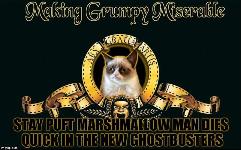 Spoiler alert! Good thing grumpy only pays attention to small details he finds enjoyable... | STAY PUFT MARSHMALLOW MAN DIES QUICK IN THE NEW GHOSTBUSTERS | image tagged in mgm grumpy,spoiler alert,spoilers,grumpy cat | made w/ Imgflip meme maker