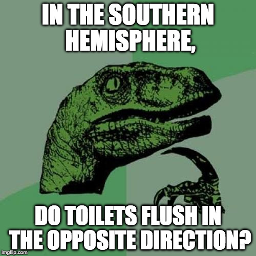 Philosoraptor Meme | IN THE SOUTHERN HEMISPHERE, DO TOILETS FLUSH IN THE OPPOSITE DIRECTION? | image tagged in memes,philosoraptor | made w/ Imgflip meme maker