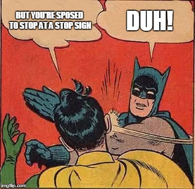Batman Slapping Robin Meme | BUT YOU'RE SPOSED TO STOP AT A STOP SIGN DUH! | image tagged in memes,batman slapping robin | made w/ Imgflip meme maker