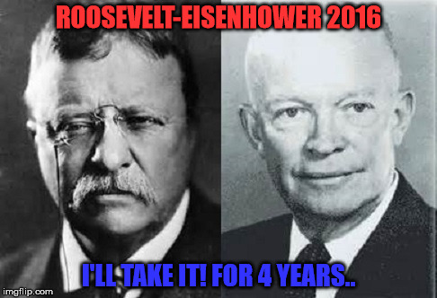 ROOSEVELT-EISENHOWER 2016; I'LL TAKE IT! FOR 4 YEARS.. | image tagged in roosevelt-eisenhower | made w/ Imgflip meme maker