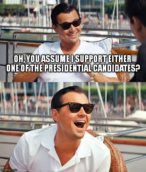 Leonardo Dicaprio Wolf Of Wall Street | OH, YOU ASSUME I SUPPORT EITHER ONE OF THE PRESIDENTIAL CANDIDATES? | image tagged in memes,leonardo dicaprio wolf of wall street | made w/ Imgflip meme maker