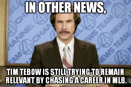 Ron Burgundy Meme | IN OTHER NEWS, TIM TEBOW IS STILL TRYING TO REMAIN RELEVANT BY CHASING A CAREER IN MLB. | image tagged in memes,ron burgundy | made w/ Imgflip meme maker