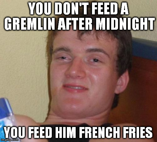 10 Guy Meme | YOU DON'T FEED A GREMLIN AFTER MIDNIGHT YOU FEED HIM FRENCH FRIES | image tagged in memes,10 guy | made w/ Imgflip meme maker