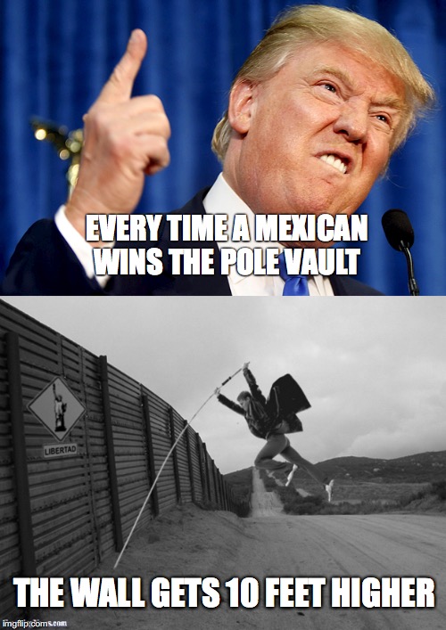 Donald Trump and the Olympics  | EVERY TIME A MEXICAN WINS THE POLE VAULT; THE WALL GETS 10 FEET HIGHER | image tagged in make america great again,donald trump,rio 2016,politics,memes,political meme | made w/ Imgflip meme maker