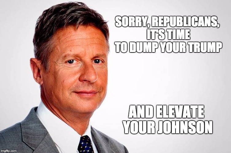 Elevate your Johnson | SORRY, REPUBLICANS, IT'S TIME TO DUMP YOUR TRUMP; AND ELEVATE YOUR JOHNSON | image tagged in gary johnson feelthejohnson,donald trump,republicans | made w/ Imgflip meme maker