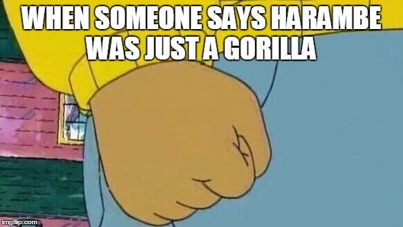 Arthur Fist Meme | WHEN SOMEONE SAYS HARAMBE WAS JUST A GORILLA | image tagged in arthur fist | made w/ Imgflip meme maker