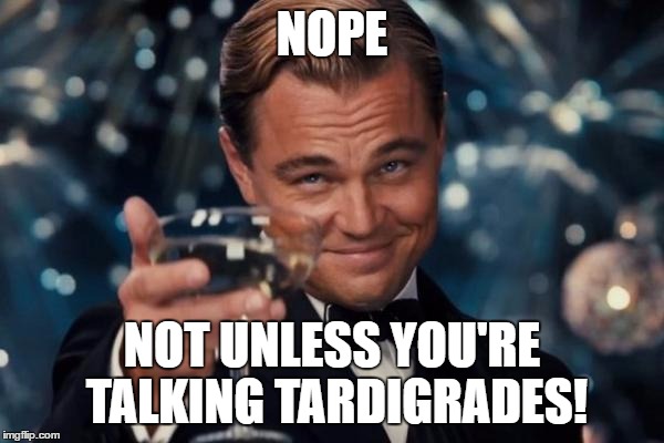 Leonardo Dicaprio Cheers Meme | NOPE NOT UNLESS YOU'RE TALKING TARDIGRADES! | image tagged in memes,leonardo dicaprio cheers | made w/ Imgflip meme maker