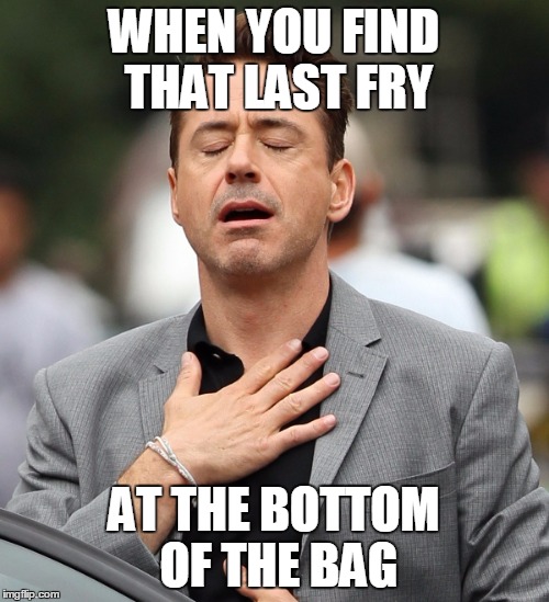 Upvote if you have felt this | WHEN YOU FIND THAT LAST FRY; AT THE BOTTOM OF THE BAG | image tagged in relieved rdj,memes | made w/ Imgflip meme maker